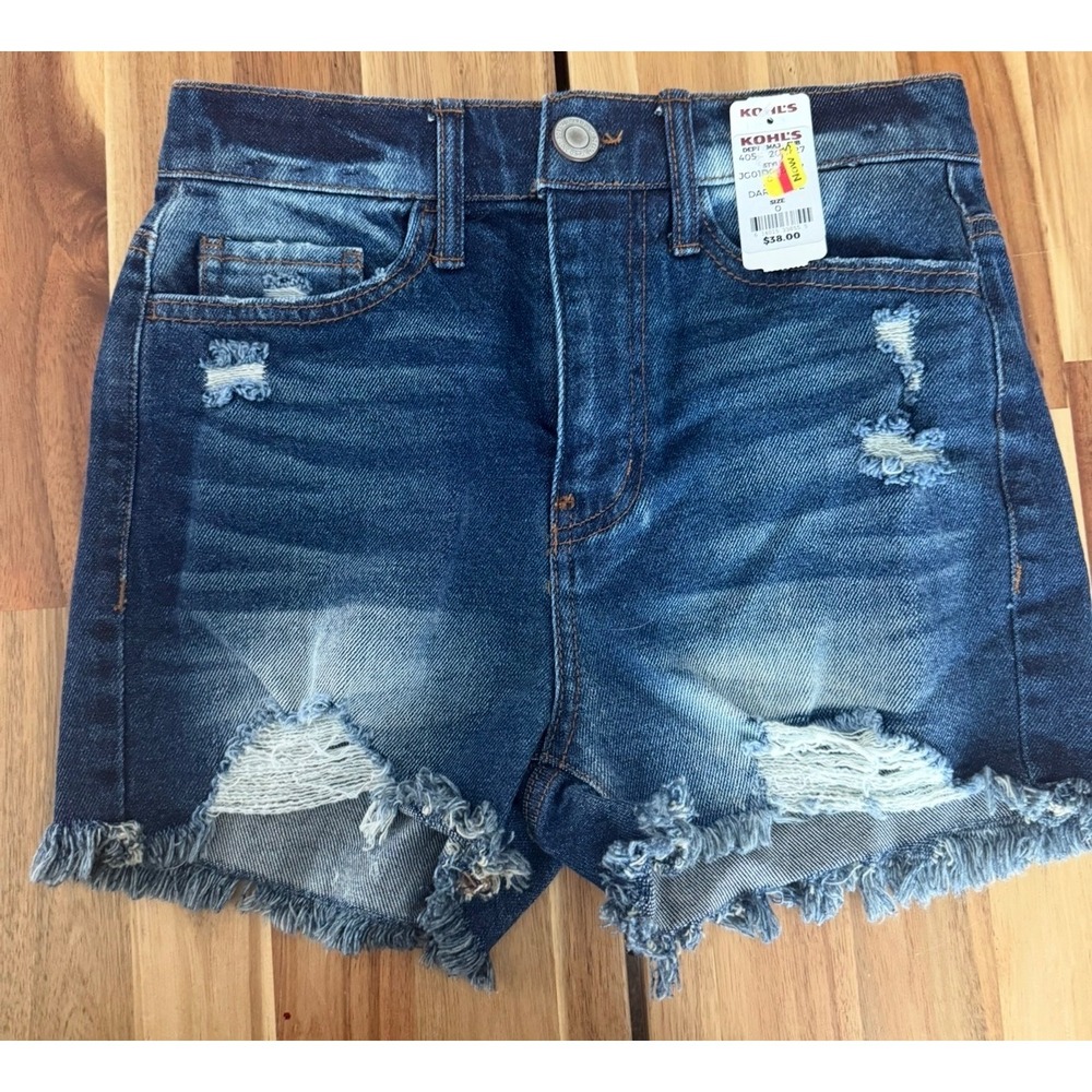 SO High Rise Vintage Stretch Mom Shorts Dark Wash Distressed Denim Size 0 NWT